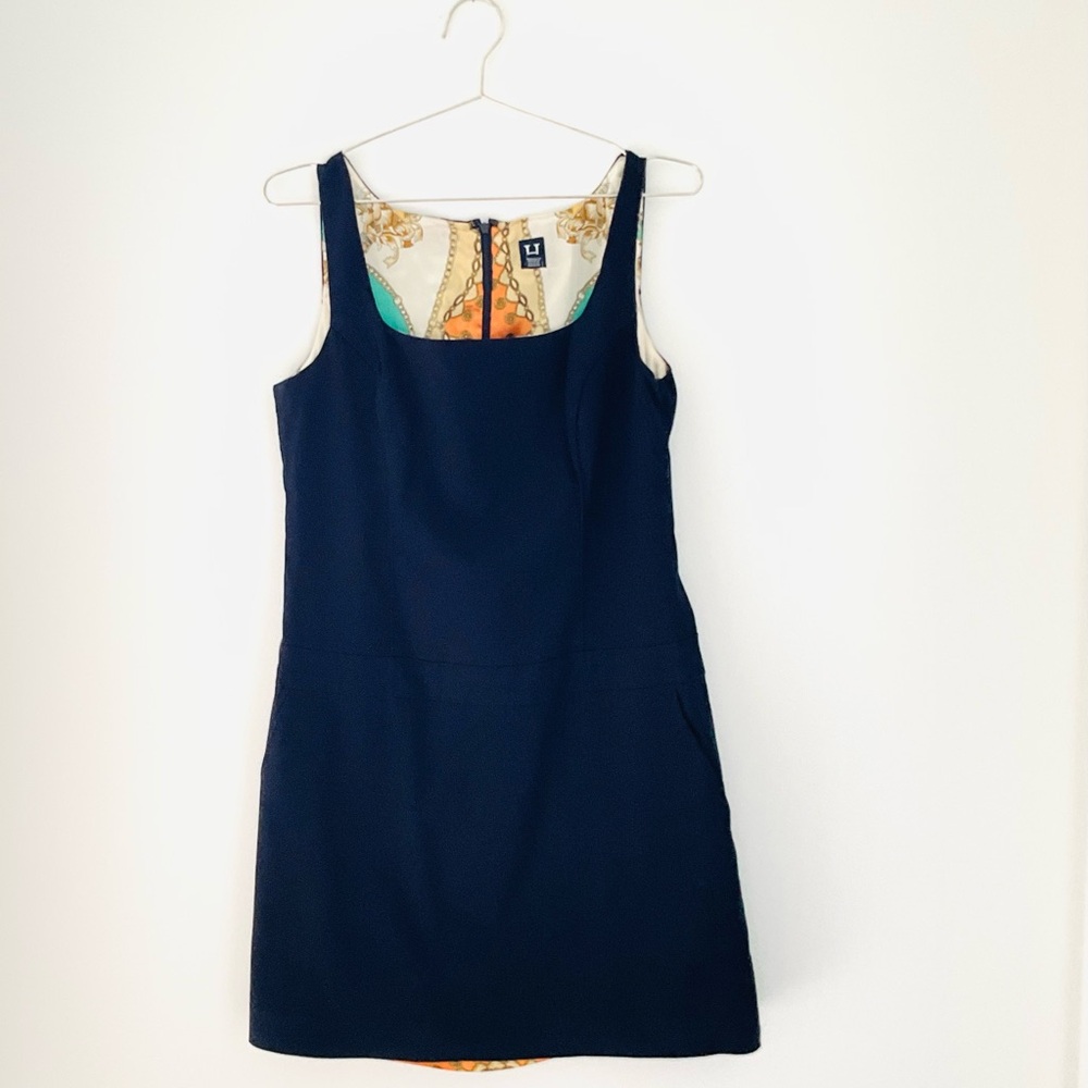 Hilfiger Classic Navy Blue Sleeveless Dress Size 10 Square Neckline Silk Lining